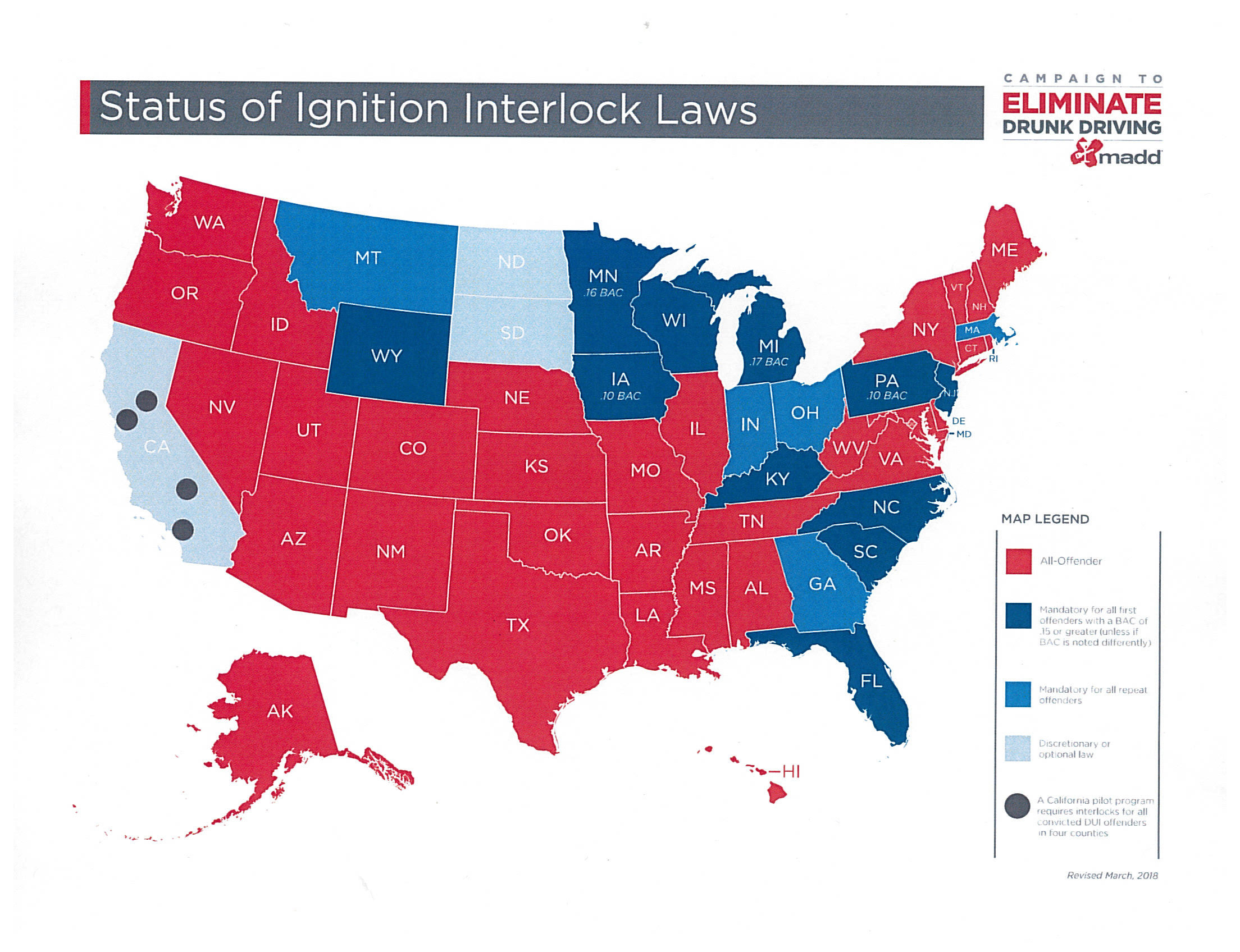 Status of Ignition Interlock Laws map March 2018