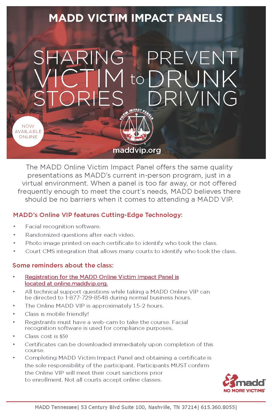 Online Victim Impact Panel (VIP) Info for MADD Tennessee Affiliate